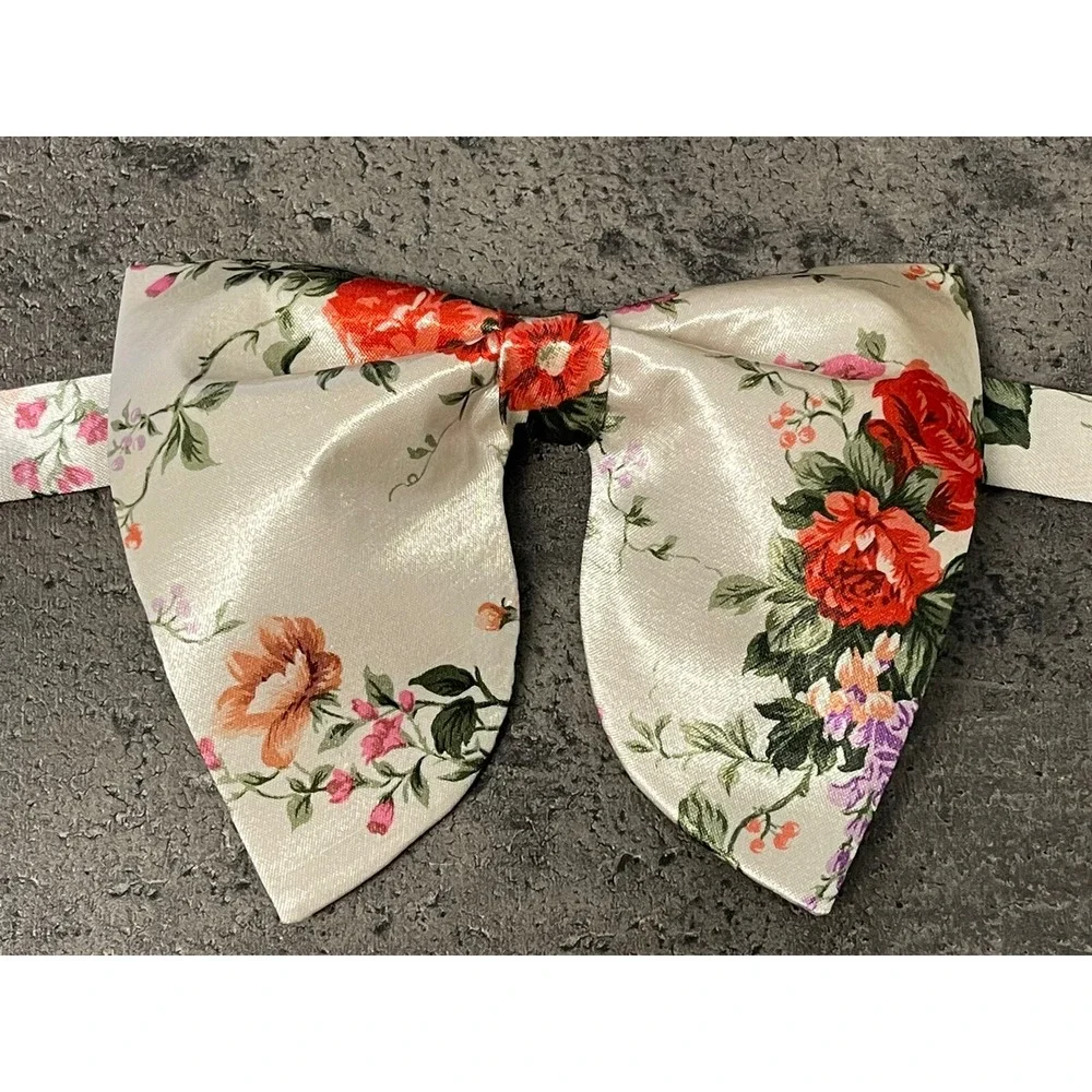 Handmade Oversized Cream/Red FloraL Satin‎ Bow tie Vintage style Wedding Prom
